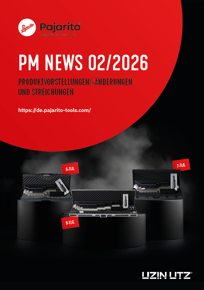 Ein Werbeplakat zeigt drei offene Werkzeugkästen mit den Aufschriften 6-TLG., 7-TLG. und 9-TLG. auf schwarzen Sockeln mit Rauch. Roter und weißer Text kündigt PM NEWS 02/2026 von Pajarito und Uzin Utz an.