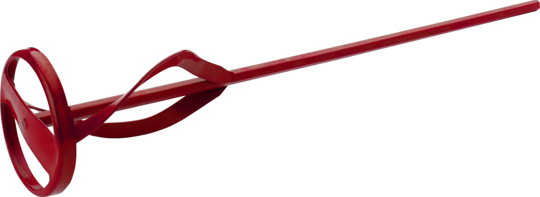 Pajarito_Dummy_Universal stirrer Easy Line_037110_037109_2021-02 Ein langer roter Metall-Rührquirl als Bohrmaschinenaufsatz, mit kreisförmigem Schutzring und gedrehten Mischblättern an einem quadratischen Schaft, glänzend lackiert mit leichten Gebrauchsspuren, freigestellt auf weißem Hintergrund.