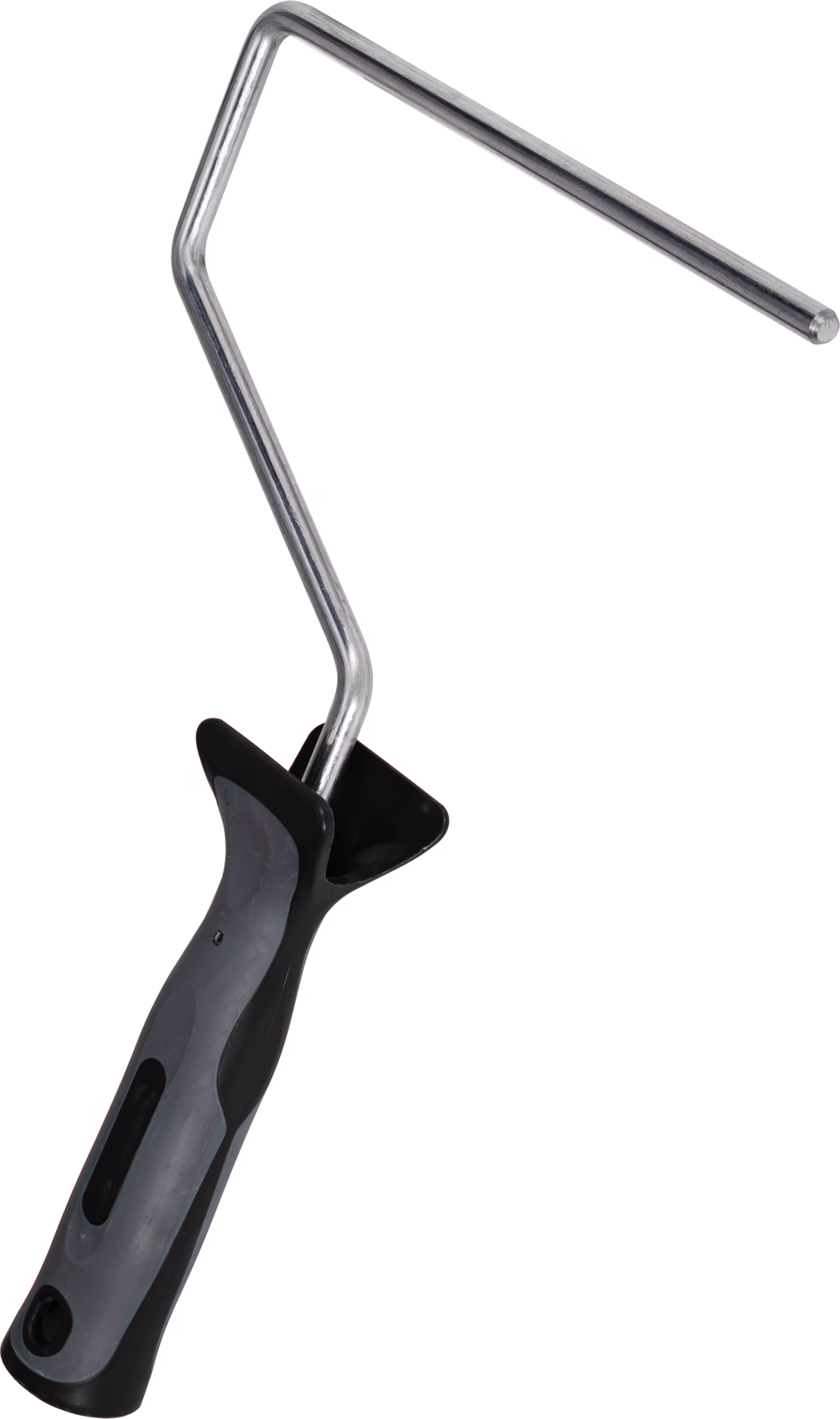 Metall-Farbrollerrahmen mit ergonomischem schwarz-grauem Kunststoffgriff und gebogenem Metallbügel zum Befestigen einer Rollenhülle, vor weißem Hintergrund.