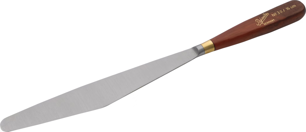Ein langes, schmales Malmesser mit einer sich verjüngenden, flexiblen Klinge aus Edelstahl und abgerundetem Ende, montiert an einem polierten Holzgriff mit Messingzwinge. Auf dem Griff ist eine goldene Beschriftung zu sehen, darunter ein geschwungenes Logo, das Wort "GERMANY" und die Angabe "No 30 / 16 cm". Das Werkzeug ist diagonal vor weißem Hintergrund fotografiert und betont die schlanke Klinge und den ergonomischen Griff, geeignet zum Mischen und Auftragen von Farben.