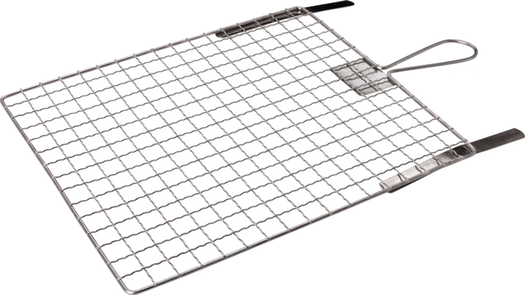 Pajarito_Dummy_Bucket grid_156565_016923_016925_2021-02 Rechteckiger Grillrost aus Edelstahl mit einer Schlaufen-Handhabung und zwei flachen Verriegelungslaschen; feines Drahtgitter mit kleinen quadratischen Öffnungen und leicht welligen Querdrähten, abgebildet vor weißem Hintergrund.