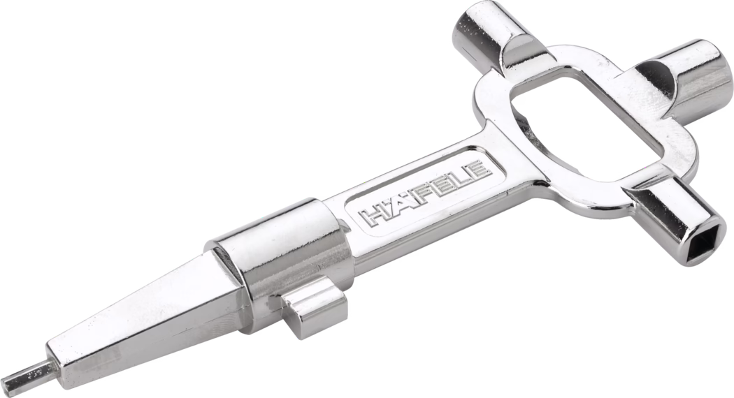 Pajarito_Dummy_Construction spanner_021754_2021-02 Verchromter Mehrzweck-Möbelschlüssel mit kreuzförmiger Vierfach-Kopf und konischer, schraubenzieherähnlicher Spitze; der Griff trägt die Prägung HÄFELE.