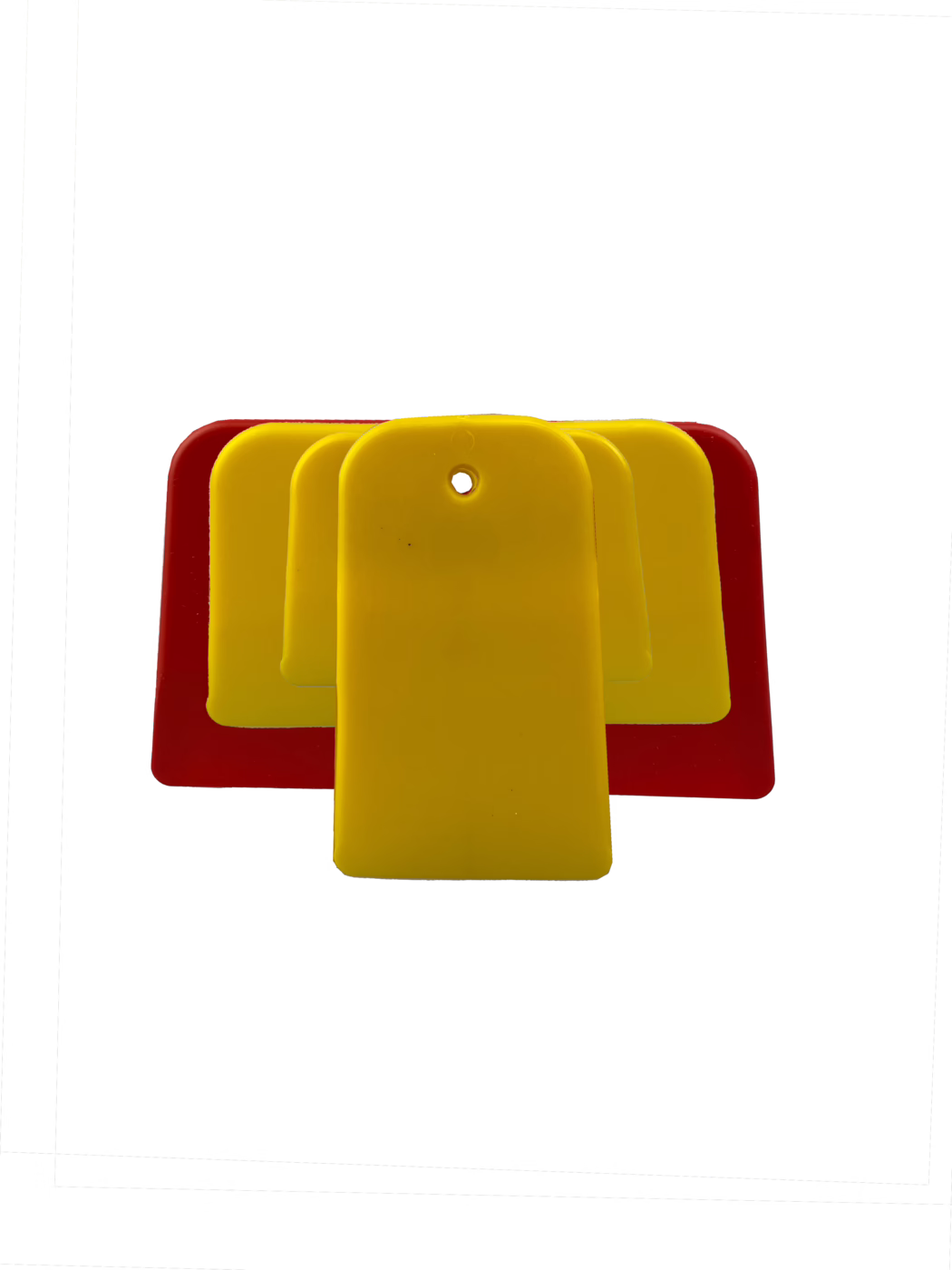Pajarito_Dumy_Plastic surface smoothing trowel conical_014108_2023-01 Nahaufnahme mehrerer gestapelter Kunststoff‑Identifikationsmarken in leuchtendem Gelb und Rot auf rein weißem Hintergrund. Die Marken sind rechteckig mit abgerundetem oberen Ende; die vorderste gelbe Marke besitzt eine kleine runde Befestigungsöffnung mittig nahe dem oberen Rand. Drei gelbe Marken überlappen eine rote Marke dahinter und bilden eine symmetrische, fächerähnliche Anordnung. Die matte Kunststoffoberfläche, weiche Schatten und die zentrierte Komposition betonen Form, Farbe und Textur der Marken und erzeugen einen starken Kontrast zum weißen Hintergrund.