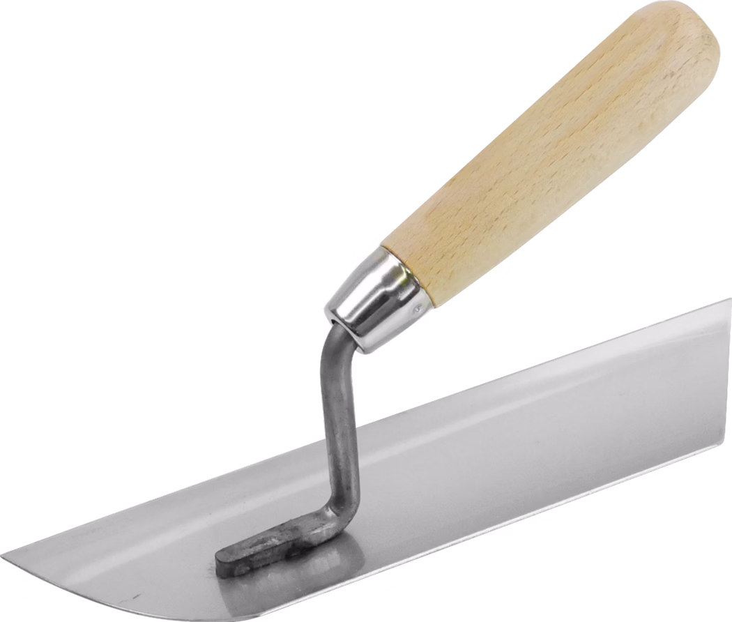 Eine rechteckige Glättkelle mit glatter Edelstahlklinge und rundem Holzgriff, verbunden durch einen gebogenen Metallschaft; sie wird zum Glätten von Putz, Mörtel oder Betonflächen verwendet.