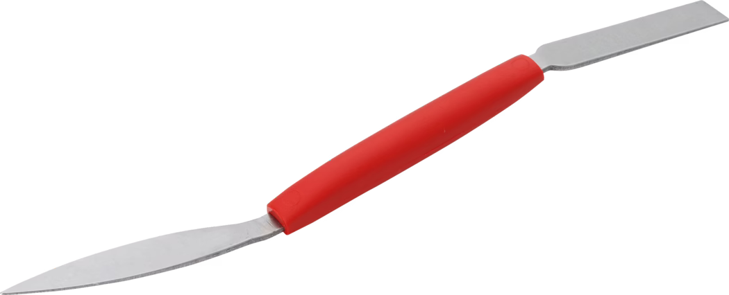 Ein doppelseitiges Paletten- bzw. Spachtelmesser mit rotem Kunststoffgriff und zwei Edelstahlklingen: eine schmale rechteckige gerade Klinge und eine abgerundete, leicht spitze Klinge. Auf weißem Hintergrund fotografiert; die Metallklingen haben eine matte Oberfläche und der ergonomische rote Griff wirkt komfortabel. Typische Anwendungen: Auftragen, Mischen und Abziehen von Farbe, Spachtelmasse, Dichtstoff oder Kuchencreme; geeignet für Künstler, Bäcker und Heimwerker. Das Werkzeug liegt diagonal im Bild und ist isoliert dargestellt.