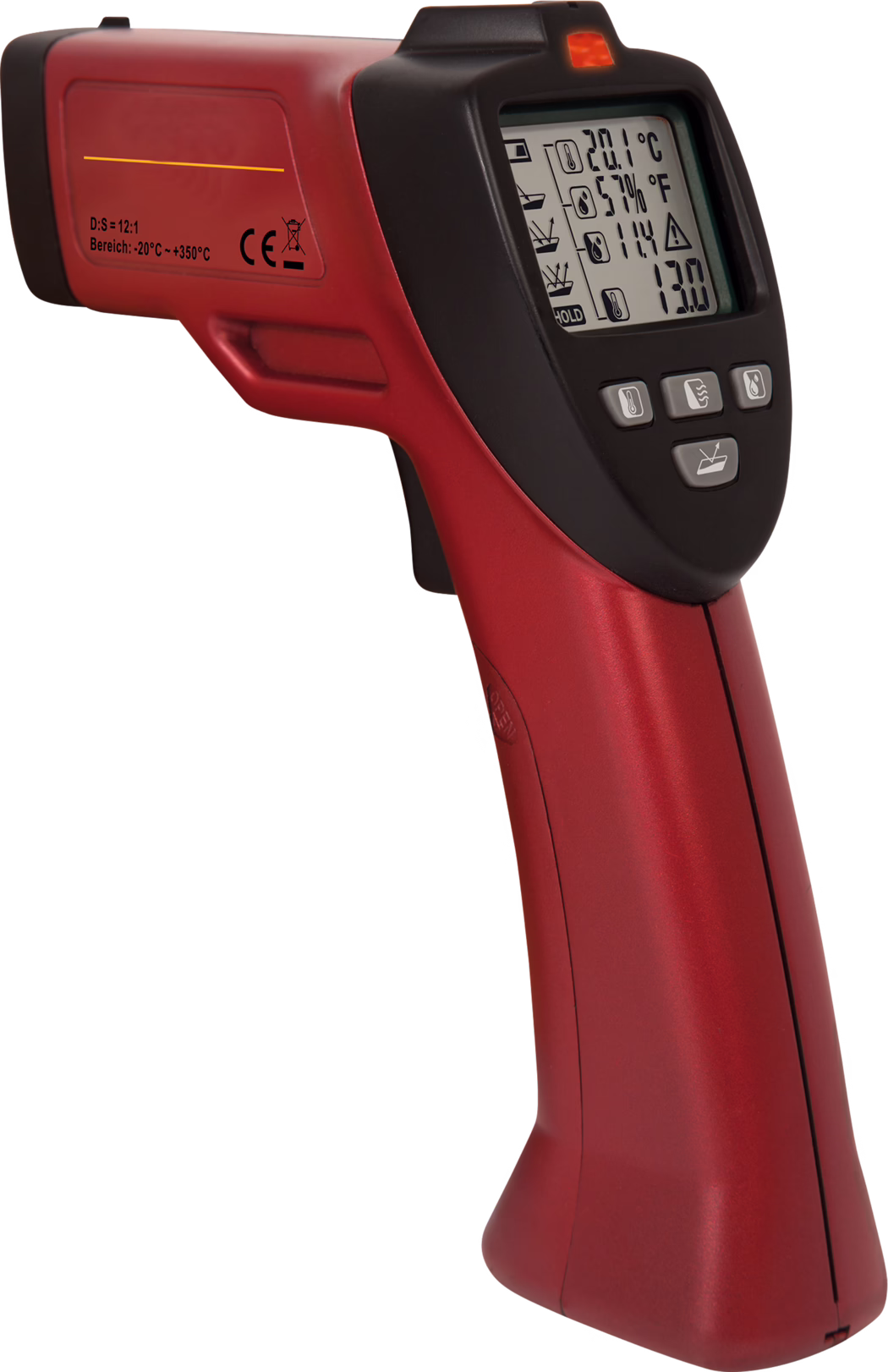 Pajarito_Dummy_Mould detector_034287_2021-02 Handheld infrared (IR) thermometer in a red pistol-shaped housing with a matte metallic finish, ergonomic curved handle and a black plastic head surrounding the display. The large monochrome LCD shows temperature readings, icons for mode, battery and measurement units, and numeric values; three grey rubberized function buttons sit below the screen. A small red aiming LED is visible above the display and a trigger-style switch is integrated in the handle for non-contact temperature measurement; product labelling on the side indicates a measuring range from -20°C to +350°C and CE marking. The device appears designed for industrial and home use to quickly measure surface temperatures from a distance, with clear iconography and a compact, portable form factor.