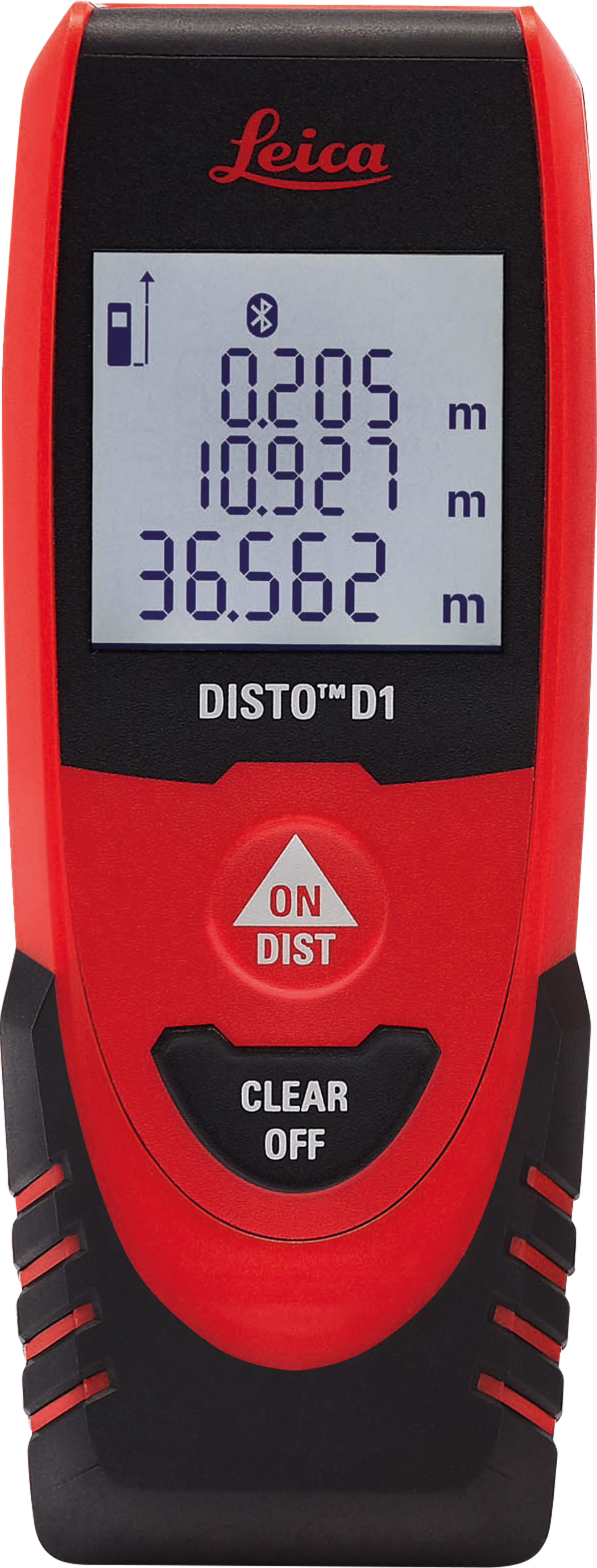 Rotes und schwarzes Leica DISTO D1 Laser-Entfernungsmessgerät mit digitalem Display, das Messwerte in Metern anzeigt; das 'Leica'-Logo oben, drei blaue Zahlen auf dem Bildschirm, dreieckiger 'ON/DIST'-Knopf und 'CLEAR/OFF'-Knopf darunter.