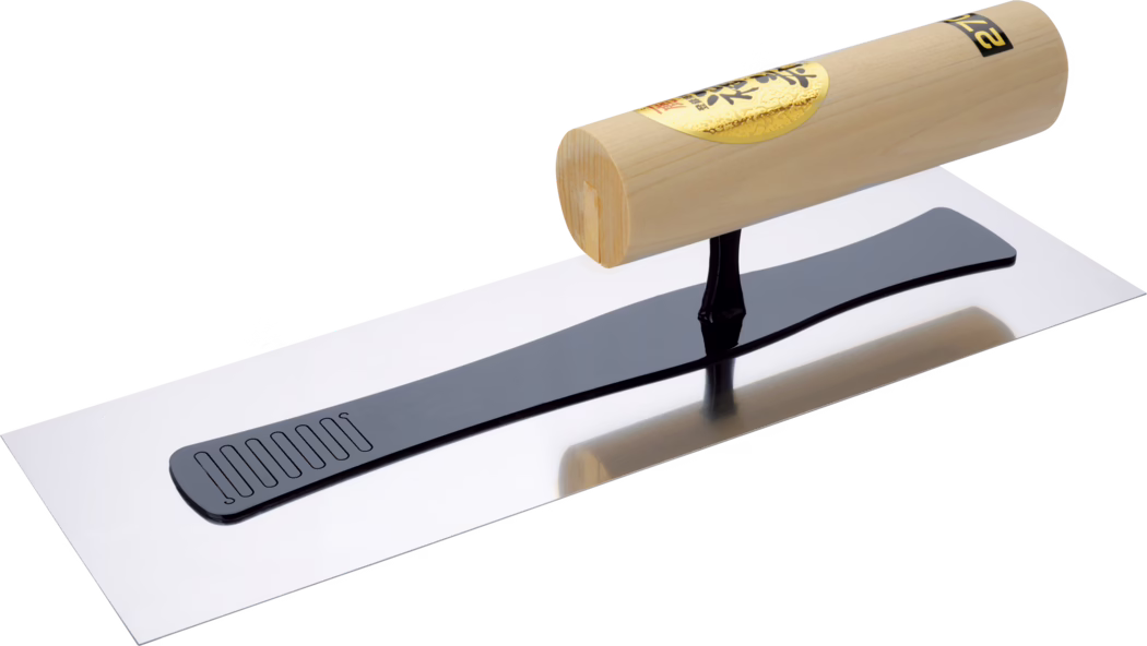 A large rectangular stainless-steel plastering trowel with a polished flat blade and a cylindrical light-wood handle mounted centrally on a black stem. The blade surface is shiny and reflective, showing a soft reflection of the handle and stem. The wooden handle has a light natural grain and a gold-and-black label near one end. A long, narrow black insert runs along the blade for reinforcement. The tool is photographed on a clean white background from an oblique top angle, emphasizing the smooth mirror-like finish of the blade and the rounded wooden handle. It appears new and clean, suitable for plastering, smoothing and finishing mortar or cement.