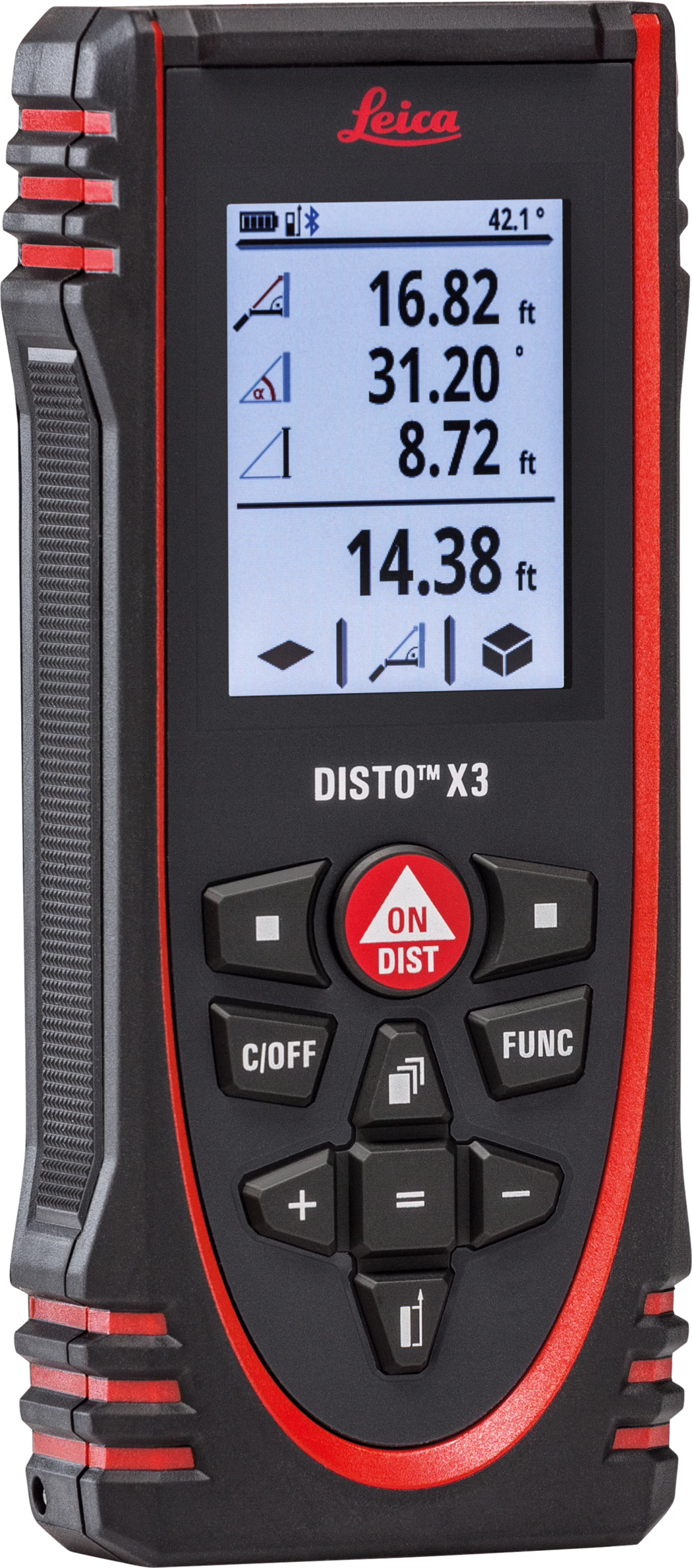 Nahaufnahme eines Leica DISTO X3 Hand-Laser-Entfernungsmessers. Das schwarz-rote Gerät zeigt ein klares LCD-Display mit deutlichen Zahlen (16,82 ft, 31,20°, 8,72 ft und Gesamt 14,38 ft), Symbole für Batterie und Bluetooth sowie Piktogramme für Messmodi. Unter dem Display sind die runde rote ON/DIST-Taste, mehrere Funktions- und Navigationstasten und die Beschriftung DISTO™ X3 angebracht. Das Gehäuse vereint strukturierte Gummigriffe mit roten Metalldetails zu einem robusten, mobilen Design.
